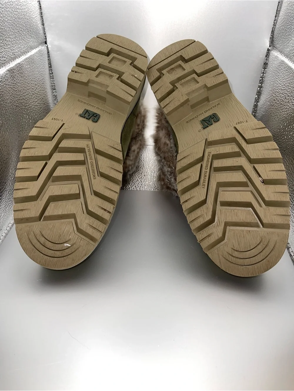 Caterpillar Waterproof Olive Suede-Like Ankle Booties with Faux Fur Cuff